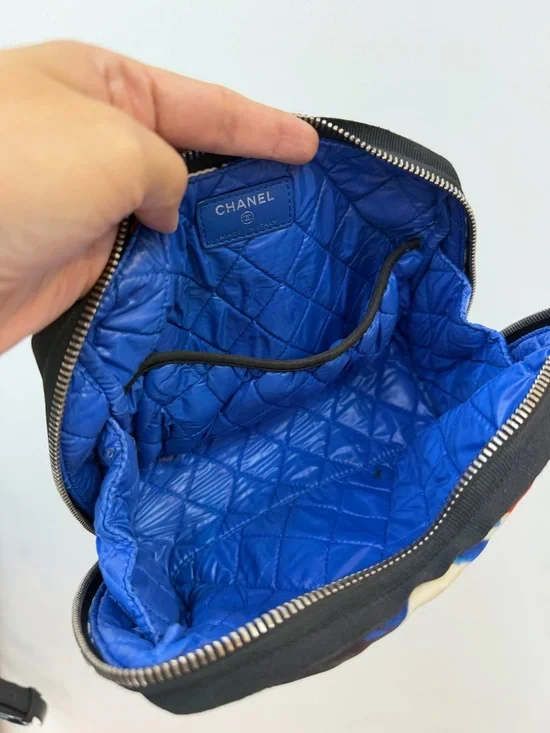 Chanel Graphic Print Cosmetic Pouch with Logo Charm - Blue, Red, Black, Cream - Picture 6 of 8